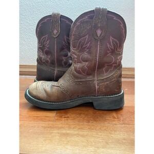 Justin Women's Boots 7.5 Cowboy Gypsy Brown Leather Round Toe‎ Purple Embroidery